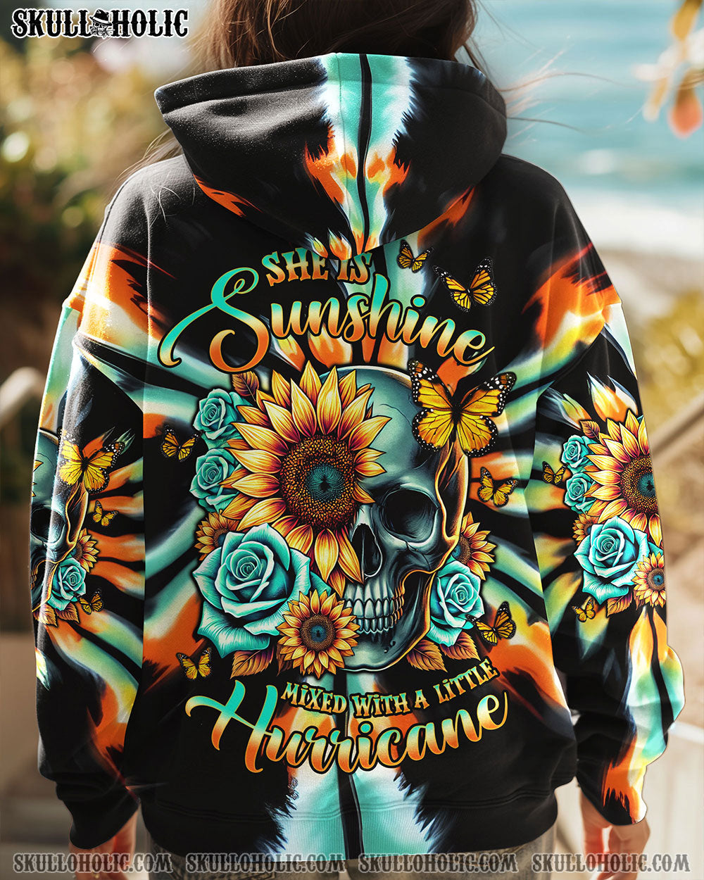 BLISSCORNERS SHE IS SUNSHINE SUNFLOWER SKULL TIE DYE ALL OVER PRINT