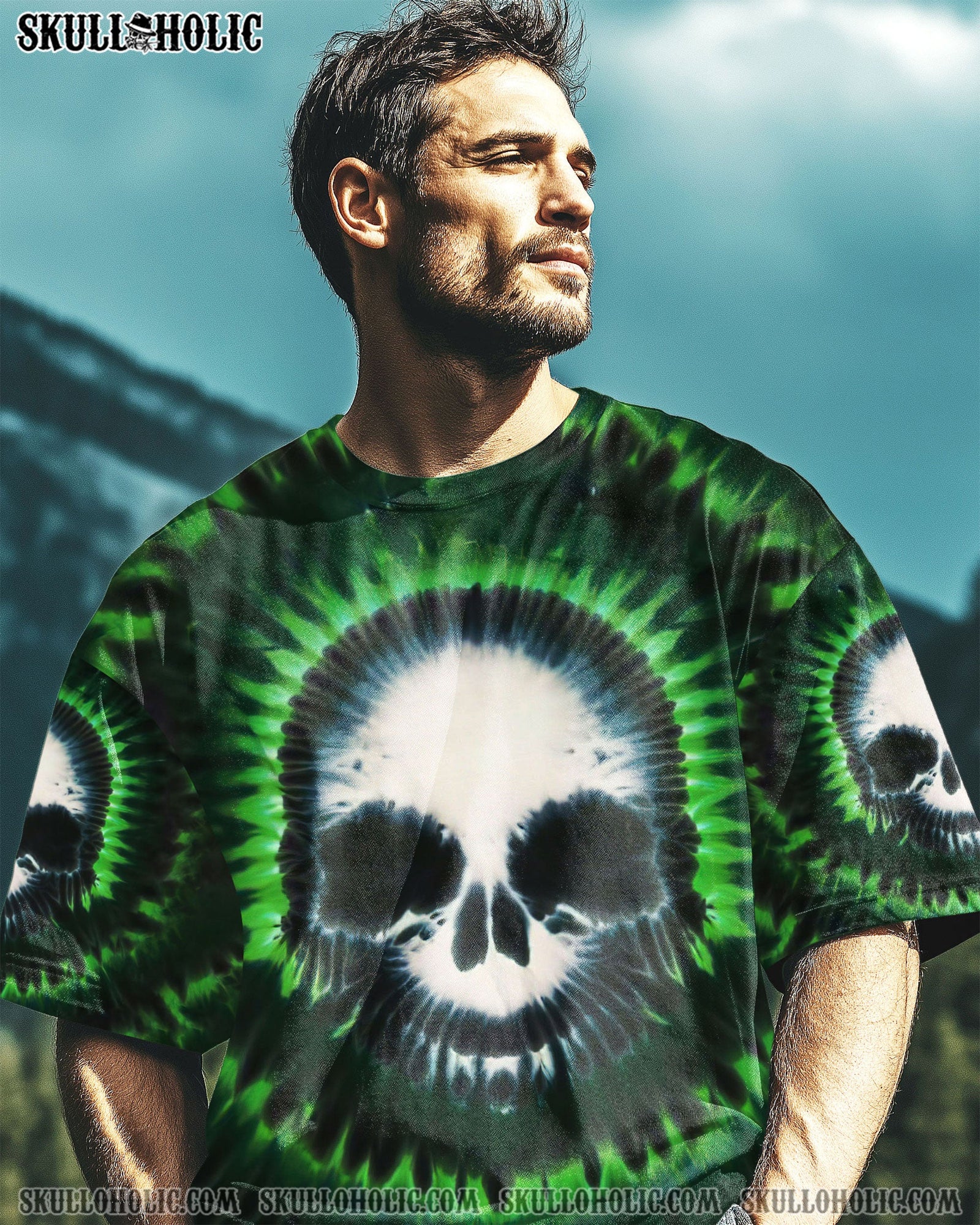 BLISSCORNERS ZOMBIE GREEN SKULL TIE DYE HAND DYED ALL OVER PRINT