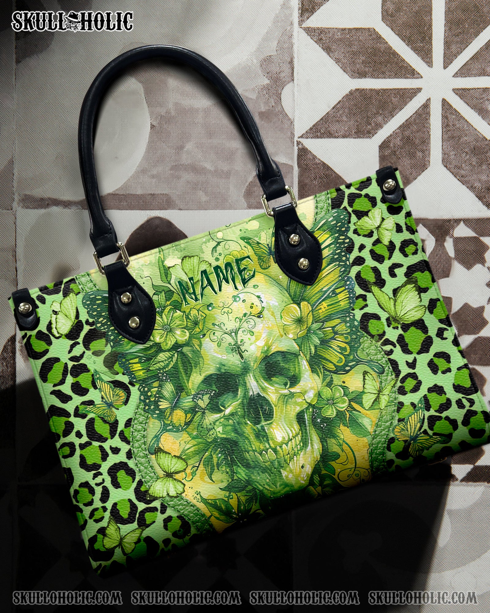 BLISSCORNERS SKULL BUTTERFLY LEOPARD LEATHER HANDBAG