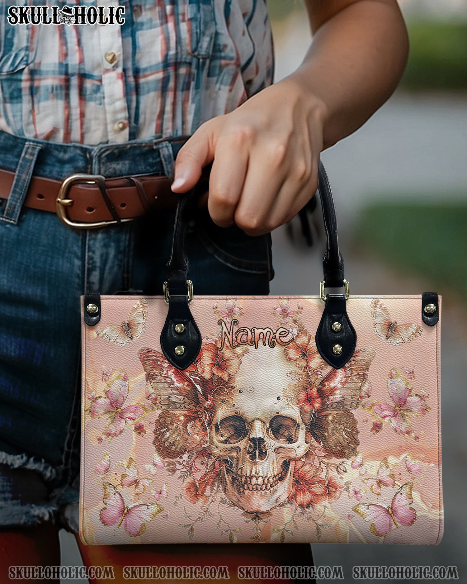 BLISSCORNERS SKULL PINK GOLD LEATHER HANDBAG