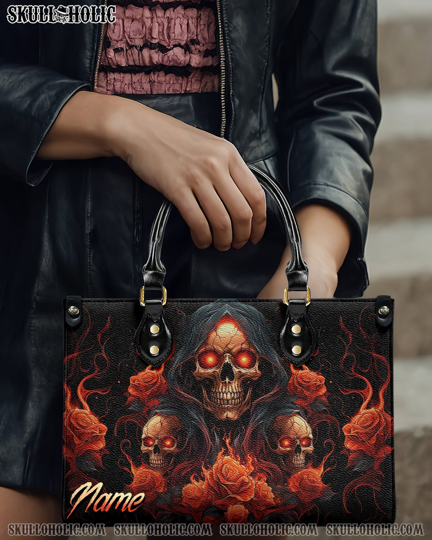 BLISSCORNERS SKULL ROSES FIRE LEATHER HANDBAG
