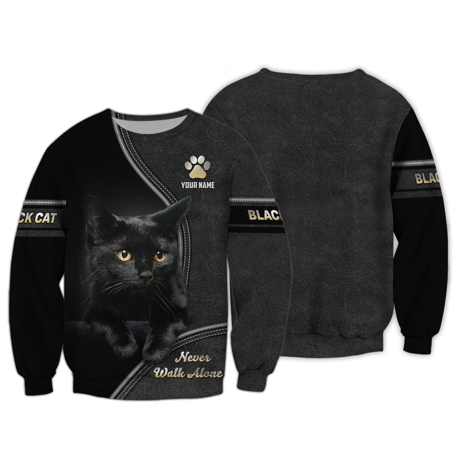 Blisscorners Custom Black Cat T-Shirt Never Walk Alone Personalized Name Gift For Cat Lovers