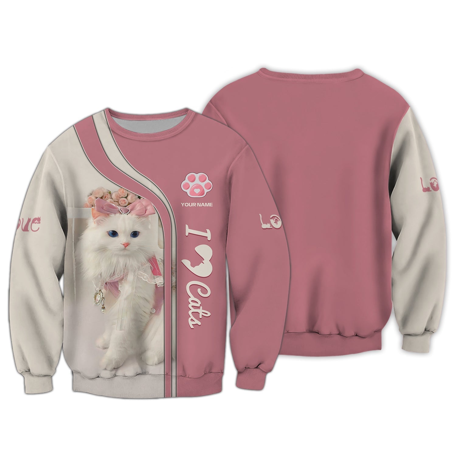 Blisscorners 3D Full Print Cute Cat Zipper Hoodie Personalized Name Gift For Cats Lovers