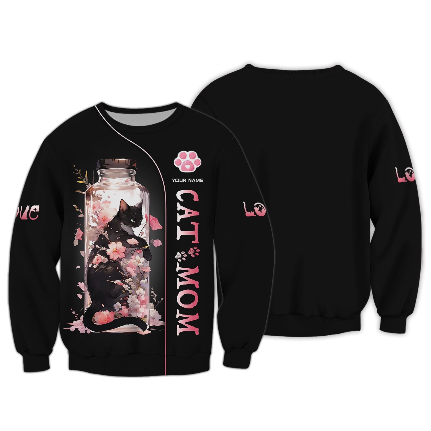 Blisscorners Black Cat In Cherry Blossom Jar Custom Name Cat Mom 3D Zipper Hoodie Gift For Cat Lovers
