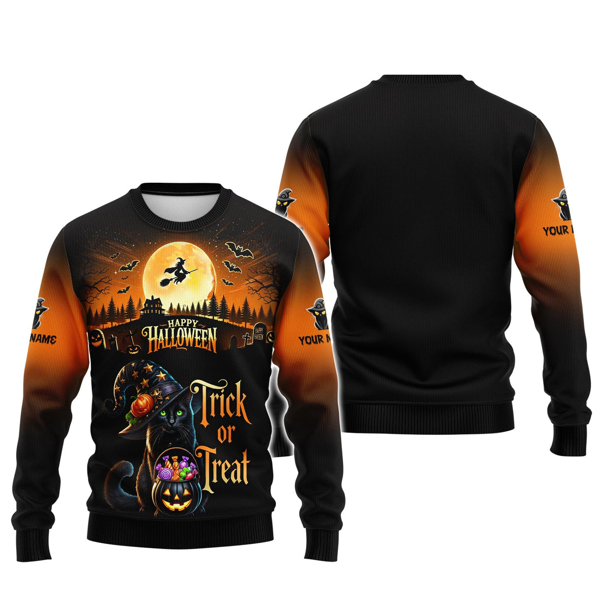 Blisscorners Black Cat Halloween Custom Name 3D Shirt Trick Or Treat Shirts Gift For Halloween Lovers