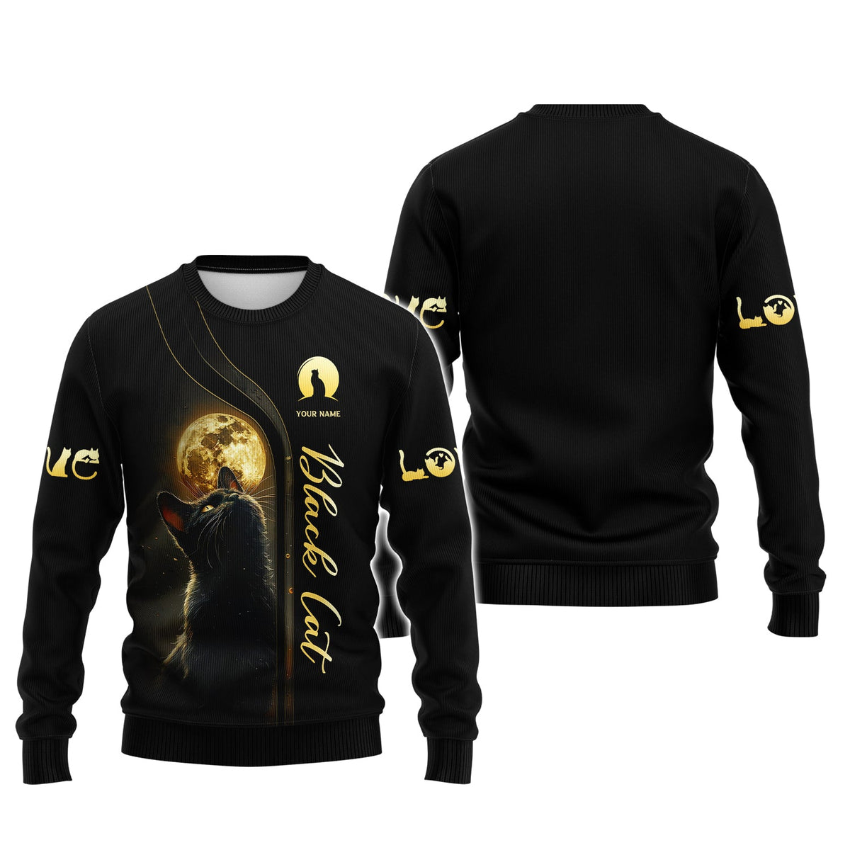 Blisscorners 3D Full Print Black Cat With Mysterious Moon T-Shirts Personalized Name Gift For Cat Lovers