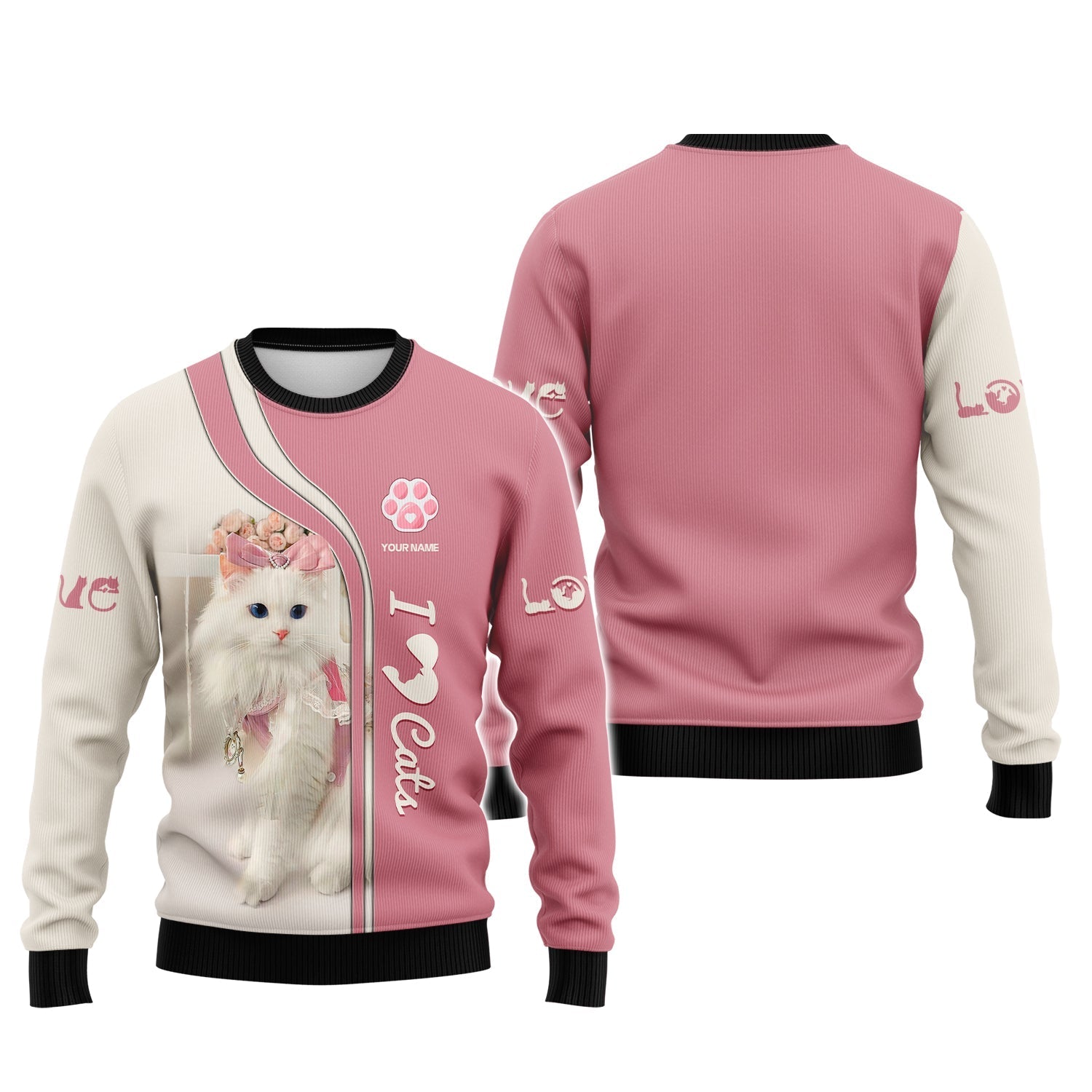 Blisscorners 3D Full Print Cute Cat Zipper Hoodie Personalized Name Gift For Cats Lovers