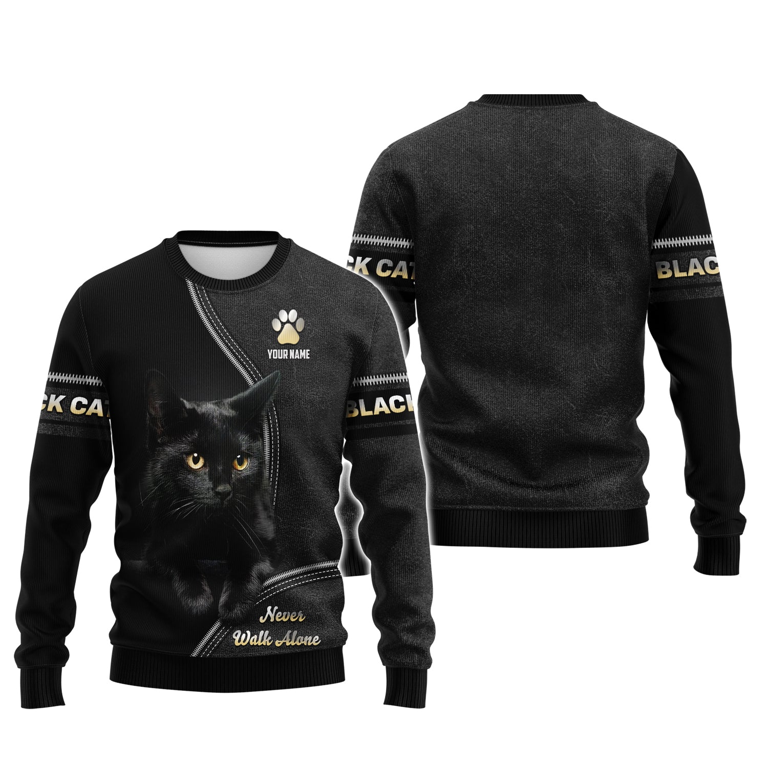 Blisscorners Custom Black Cat T-Shirt Never Walk Alone Personalized Name Gift For Cat Lovers