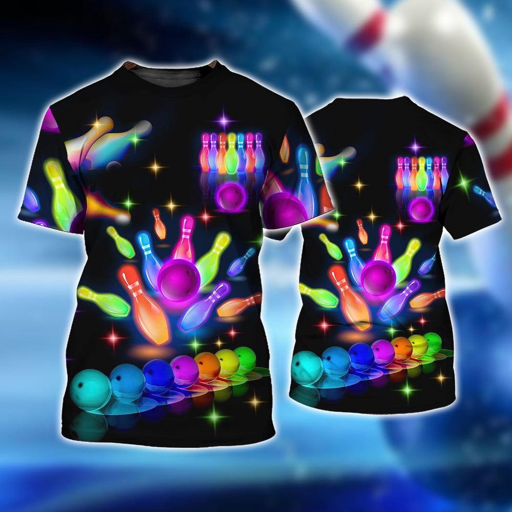 Blisscorners Bowling Party Neon with Purple Balls and White Pins on the Bright Pink 3D Shirt