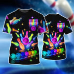 Blisscorners Bowling Party Neon with Purple Balls and White Pins on the Bright Pink 3D Shirt