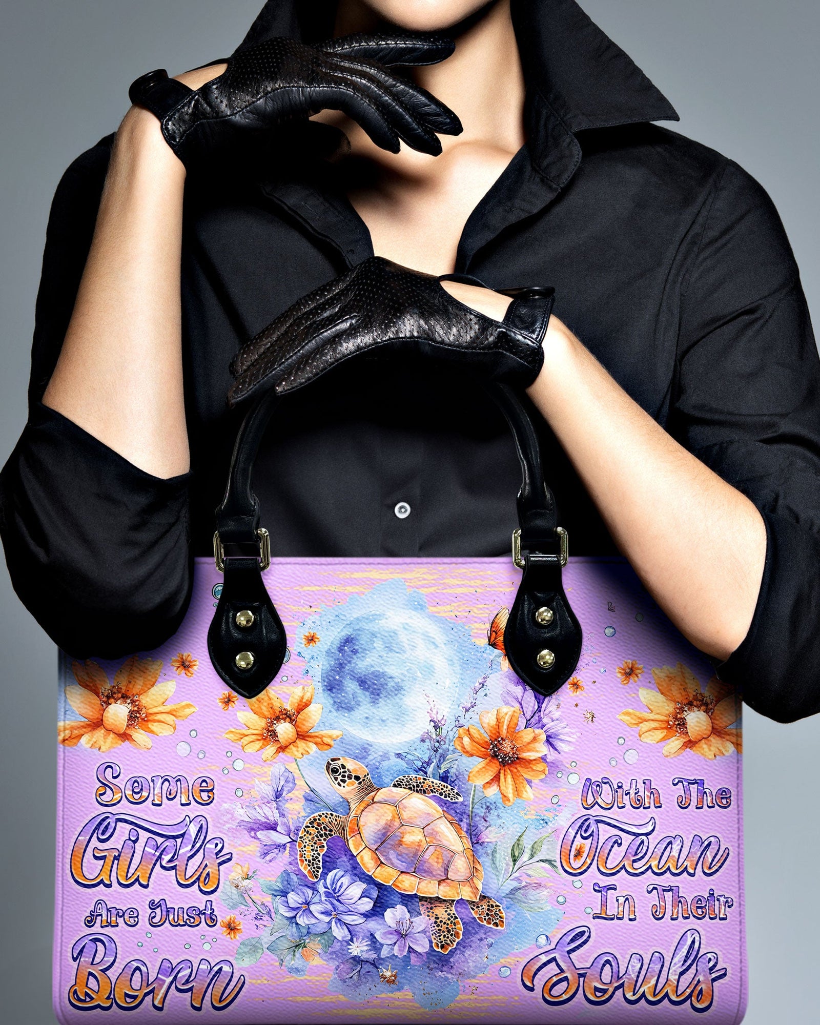 BLISSCORNERS SOME GIRLS ARE JUST BORN TURLTE WATERCOLOR LEATHER HANDBAG