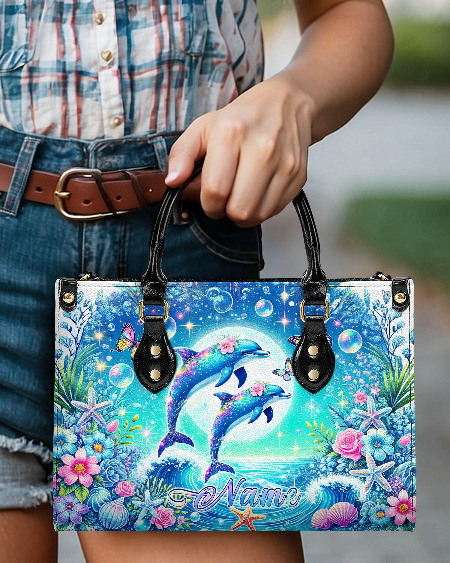 BLISSCORNERS DOLPHIN MOON FLORAL LEATHER HANDBAG