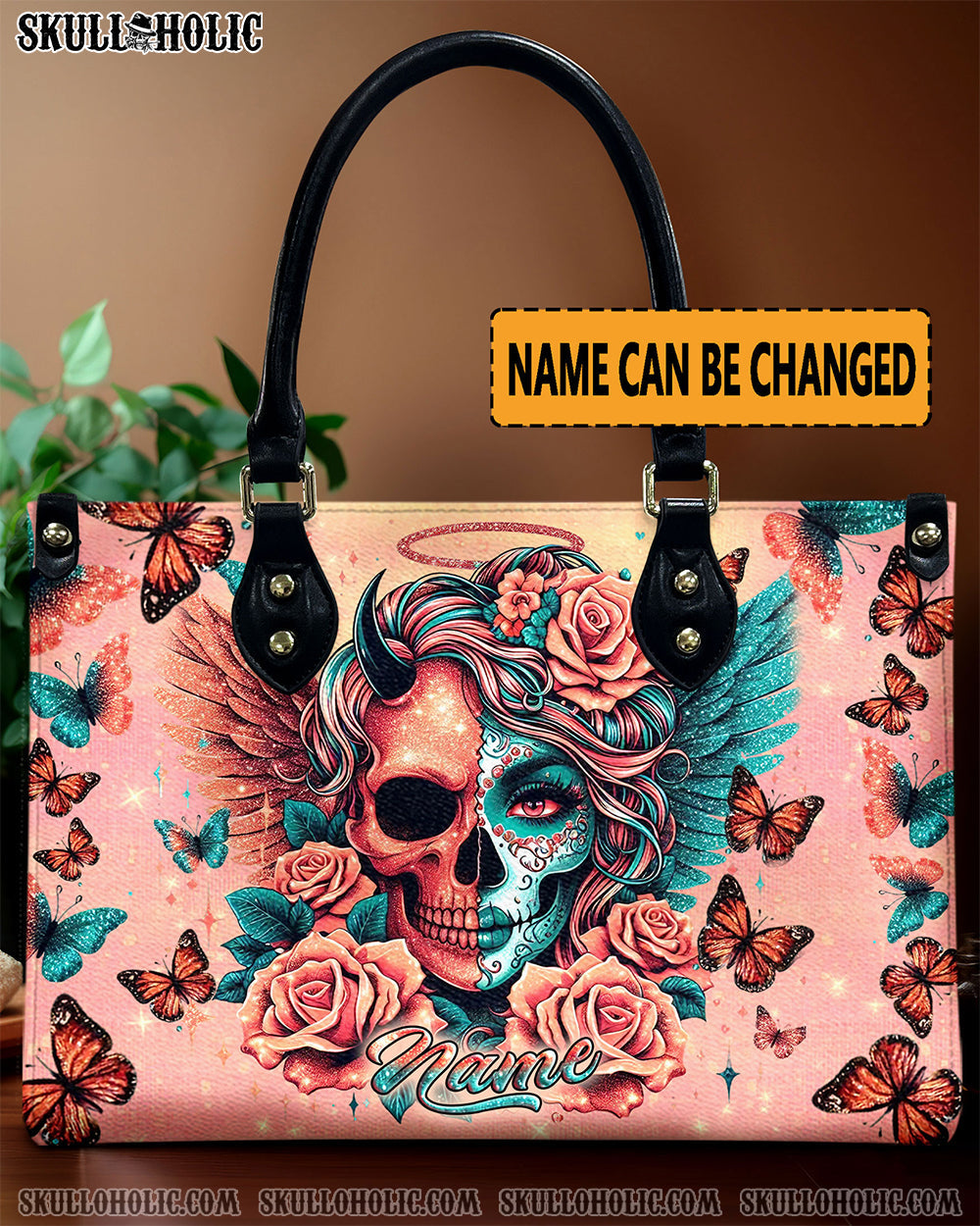 BLISSCORNERS SKULL LADY EVIL AND ANGEL LEATHER HANDBAG