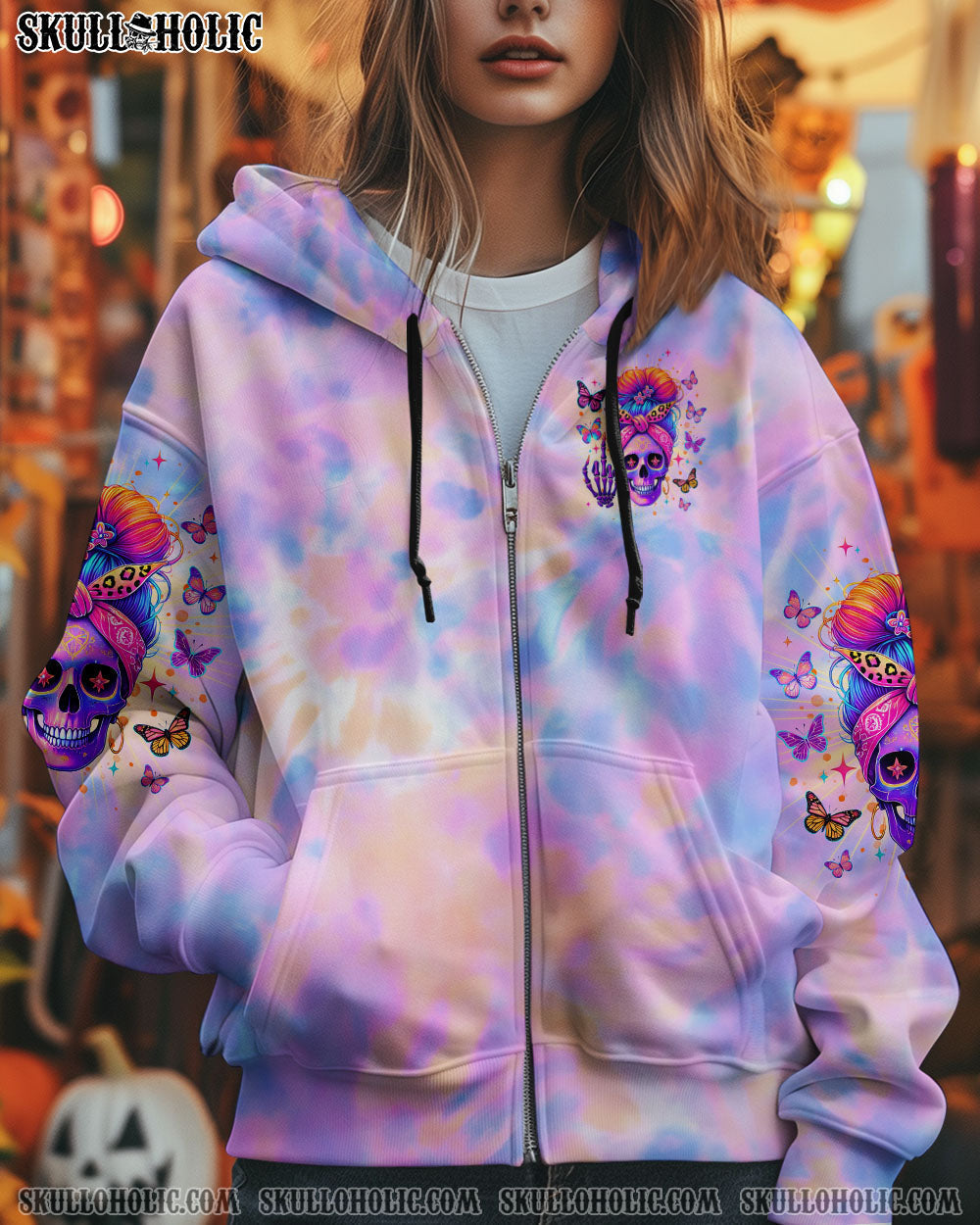 BLISSCORNERS DON'T TRY TO FIGURE ME OUT SKULL MESSY BUN TIE DYE ALL OVER PRINT