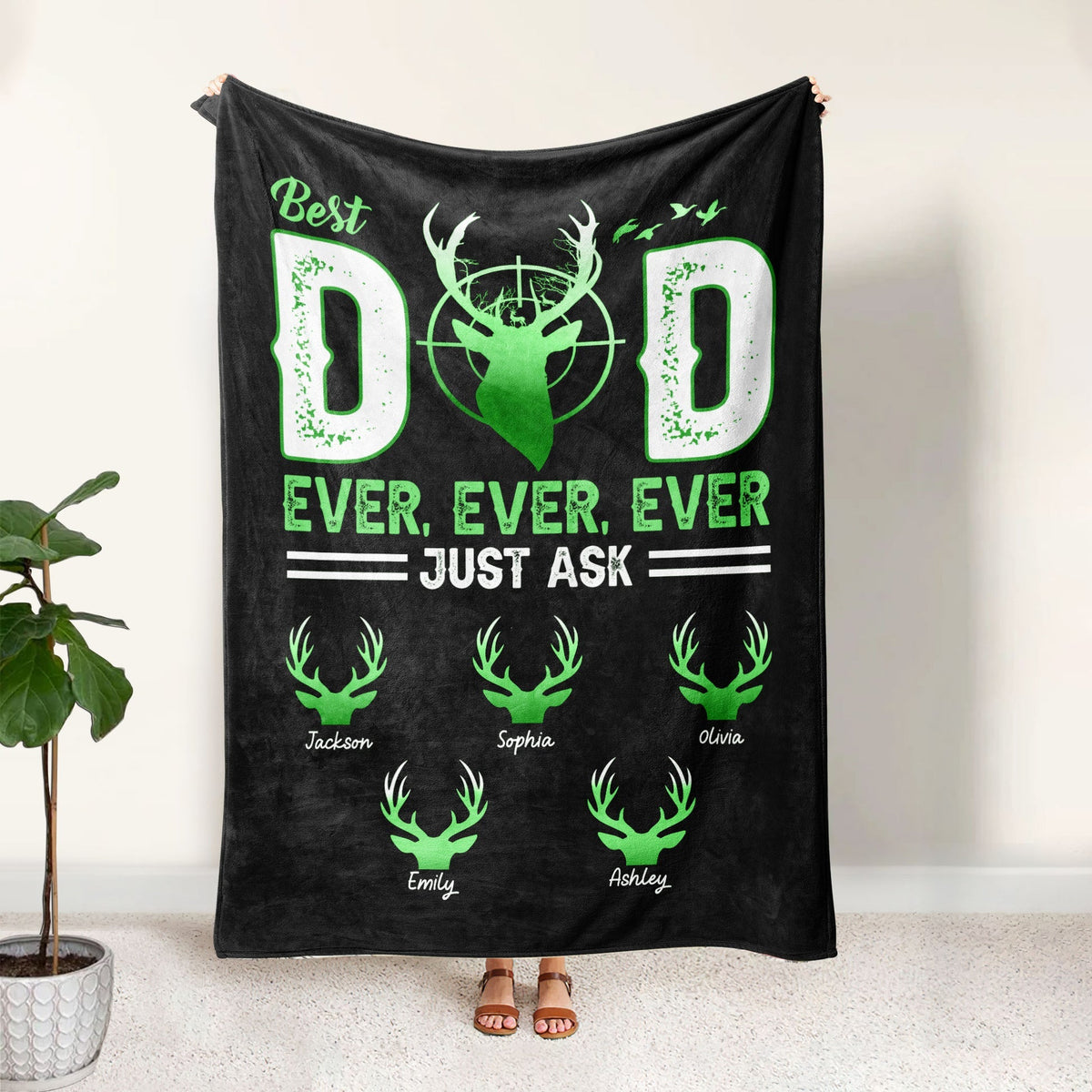 Blisscorners Personalized Hunting Dad Blanket, Best Dad Ever Blanket, Custom Soft Cozy Sherpa Fleece Throw Blanket, Father's Day Gift for Dad, Grandpa | Green LM1711