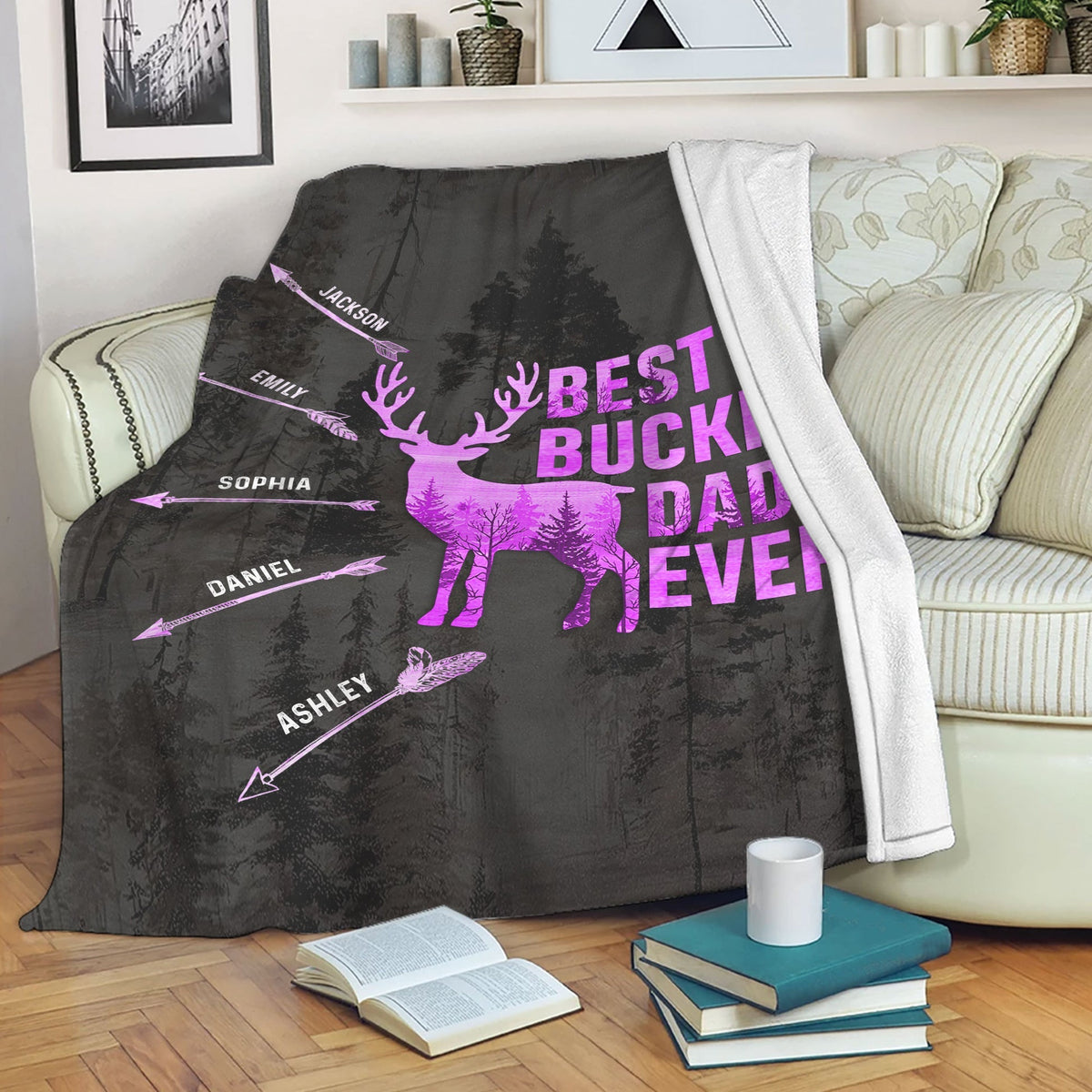 Blisscorners Personalized Hunting Dad Blanket, Custom Names Soft Cozy Sherpa Fleece Throw Blankets, Best Buckin Dad Ever Blanket, Gift for Dad, Grandpa | Purple LM1711