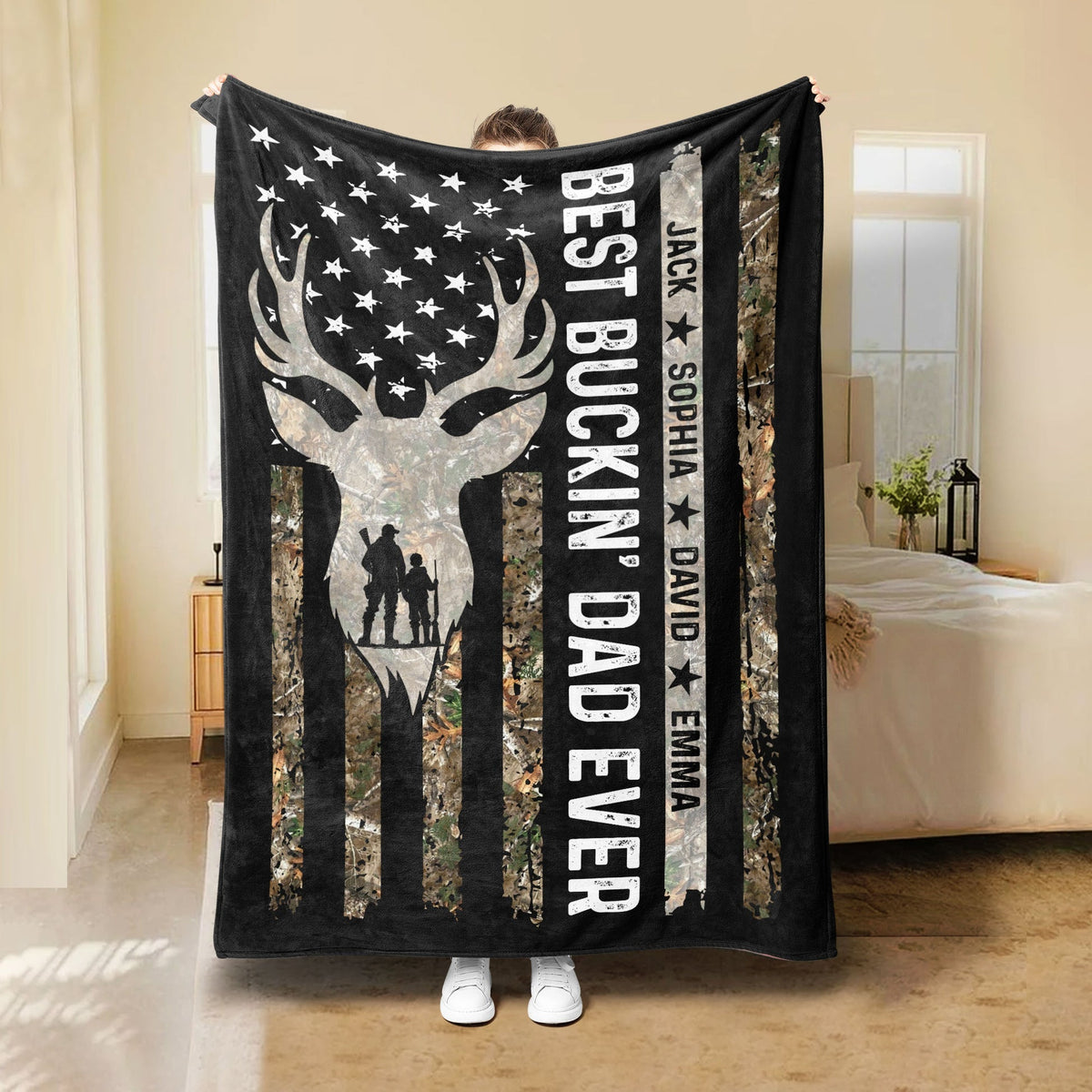 Blisscorners Personalized Hunting Dad Blanket, Custom Kids Names Soft Cozy Sherpa Fleece Throw Blankets, Deer Blanket, Fathers Day Gift for Dad, Grandpa | Black LM1711