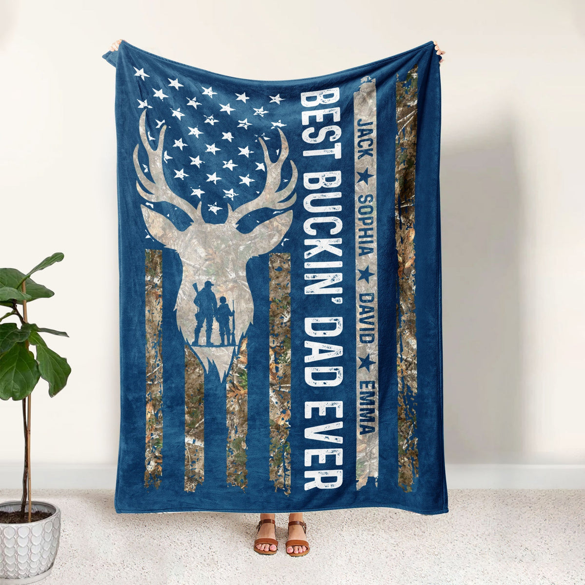 Blisscorners Personalized Hunting Dad Blanket, Custom Kids Names Soft Cozy Sherpa Fleece Throw Blankets, Deer Blanket, Fathers Day Gift for Dad, Grandpa | Blue LM1711