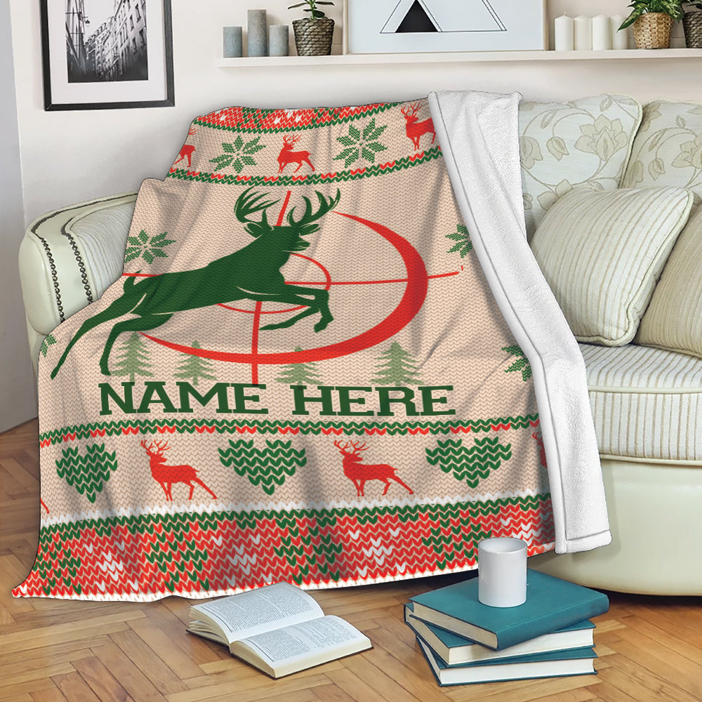 Blisscorners Personalized Hunting Blanket, Christmas Ugly Deer Hunting Sherpa Fleece Blanket, Custom Name Soft Cozy Plush Throw Blanket, Christmas Gift LM1711