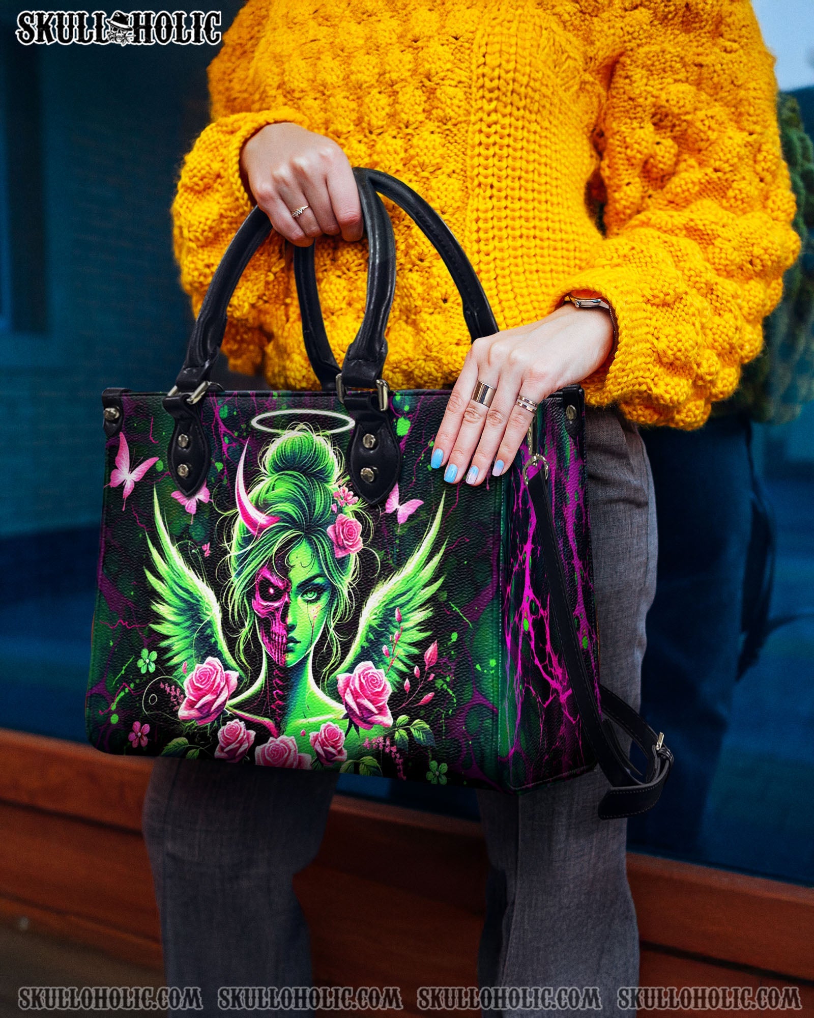 BLISSCORNERS SKULL LADY EVIL ROSE LEATHER HANDBAG