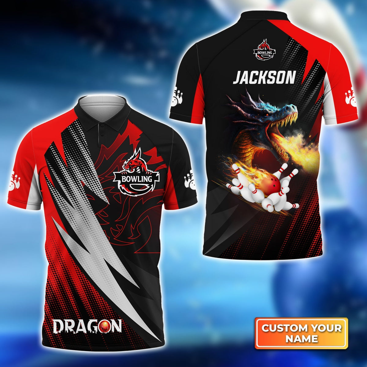 Blisscorners Dragon Team Red Bowling Ball On Fire Customized Name All Over Printed Shirt