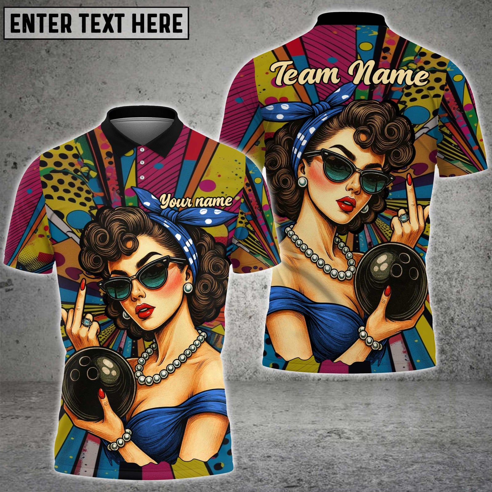 Blisscorners Bowling Retro Pin-Up Girl Multicolor Customized Name Team Name 3D Shirts
