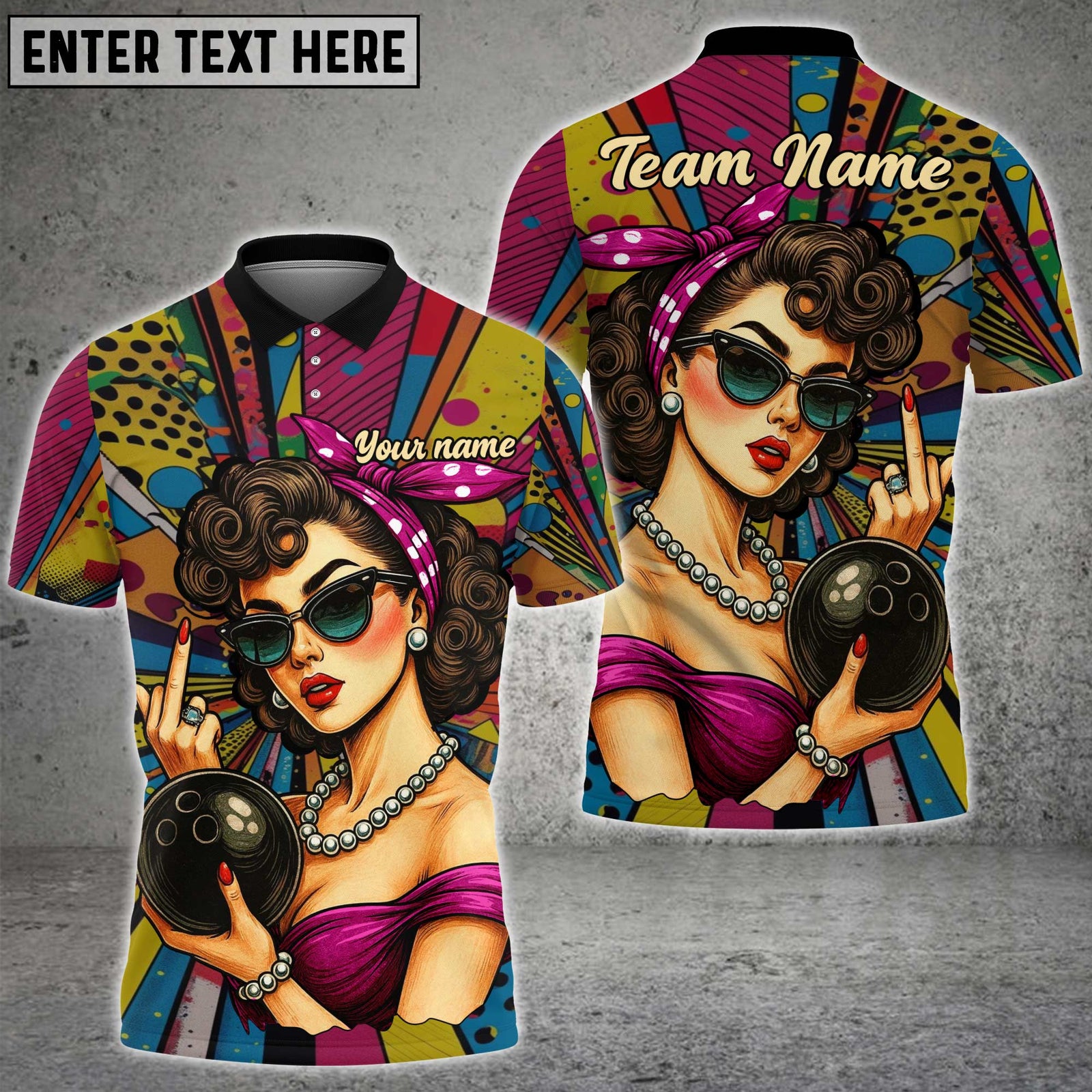Blisscorners Bowling Retro Pin-Up Girl Multicolor Customized Name Team Name 3D Shirts