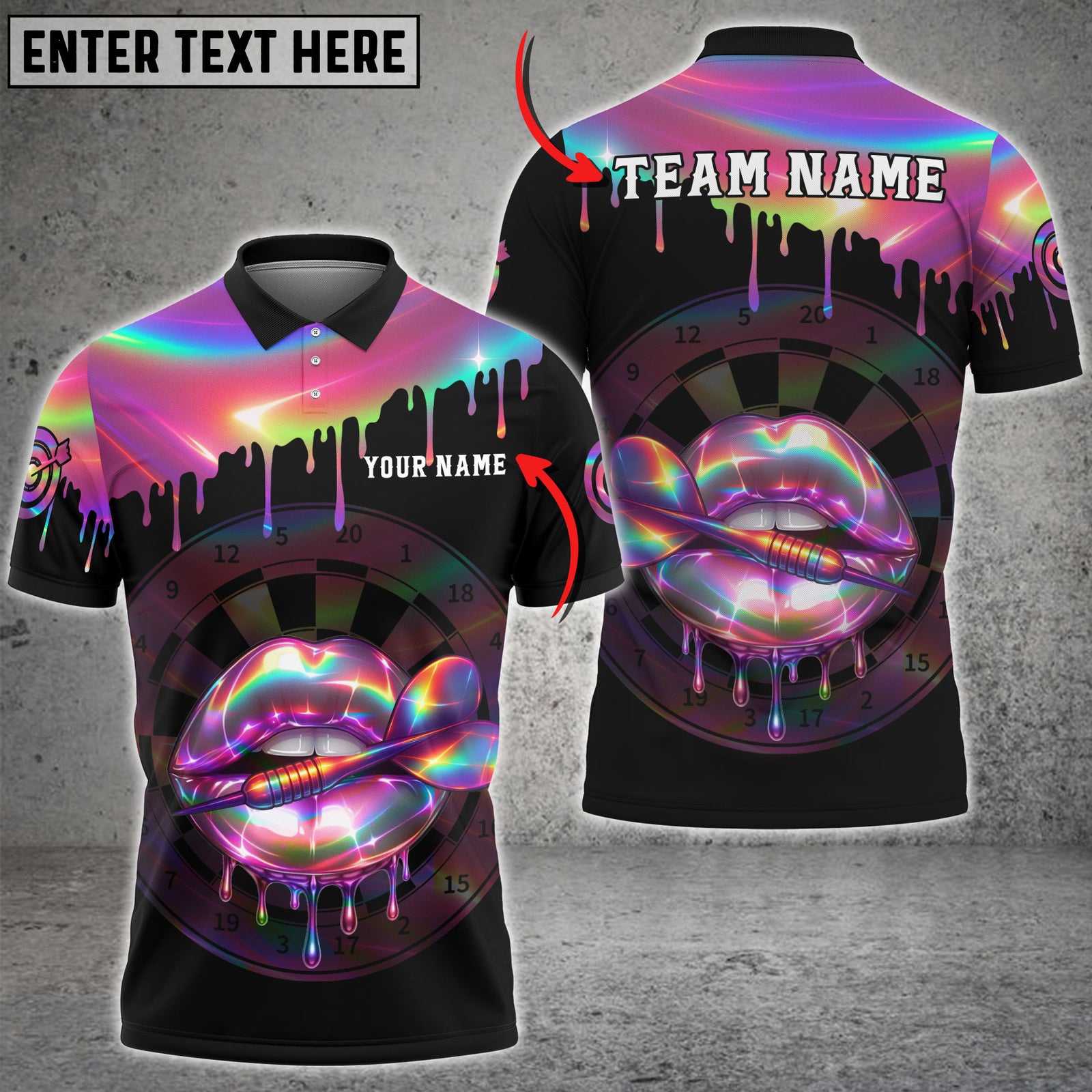 Blisscorners Darts Neon Holographic Lips Dartboard Multicolor Customized Name, Team Name 3D Shirts