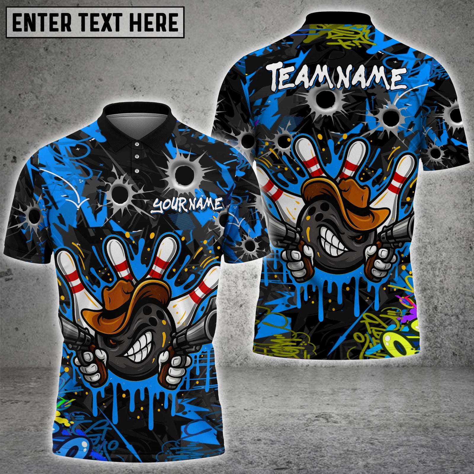 Blisscorners Graffiti Cowboy Bowling Jersey with Bullet Holes Multicolor Customized Name, Team Name 3D Shirts