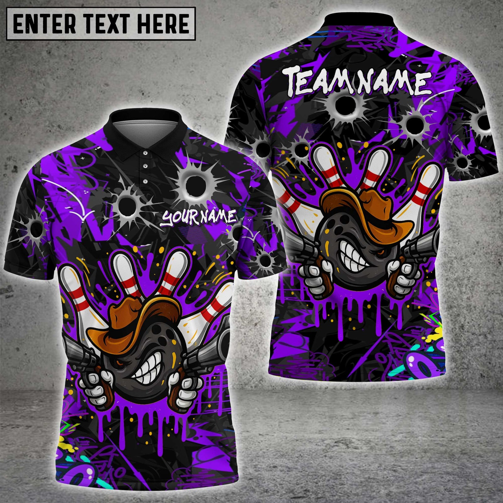 Blisscorners Graffiti Cowboy Bowling Jersey with Bullet Holes Multicolor Customized Name, Team Name 3D Shirts