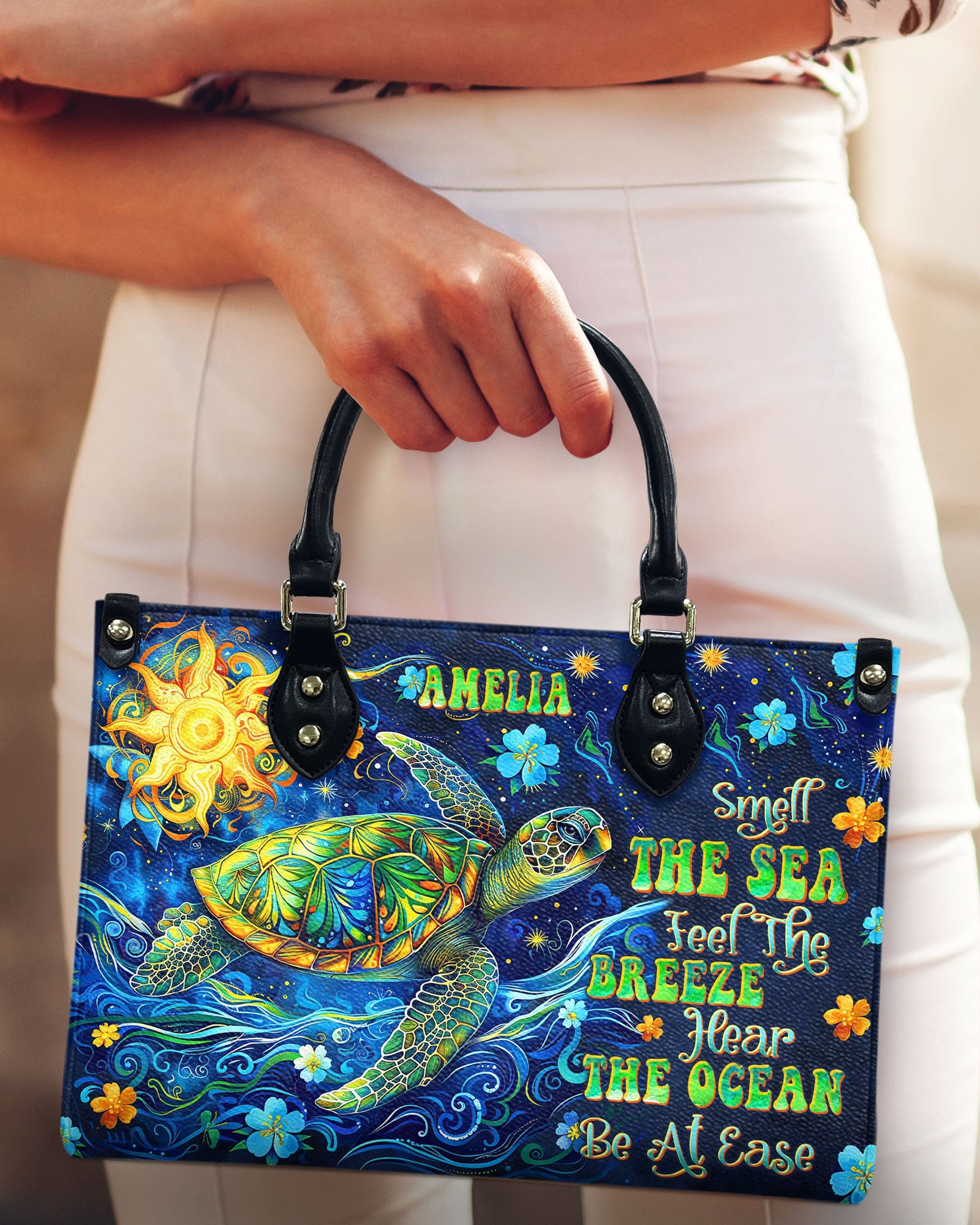 BLISSCORNERS SMELL THE SEA FEEL THE BREEZE TURTLE LEATHER HANDBAG