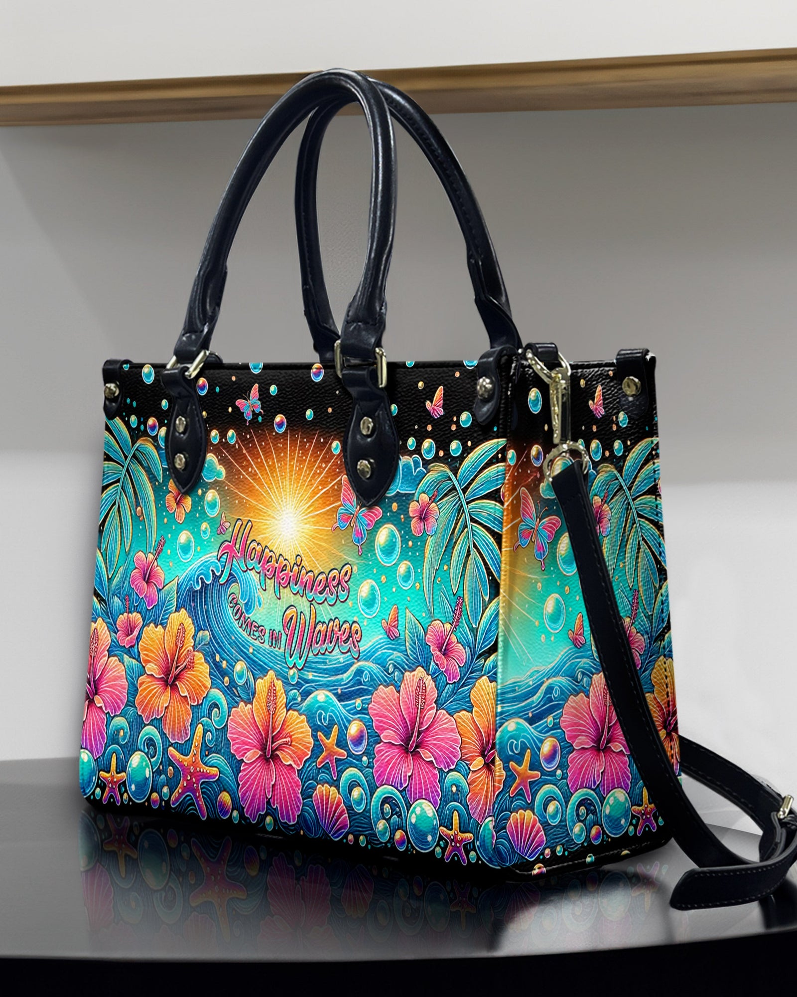 BLISSCORNERS HAPPINESS COMES IN WAVES LEATHER HANDBAG