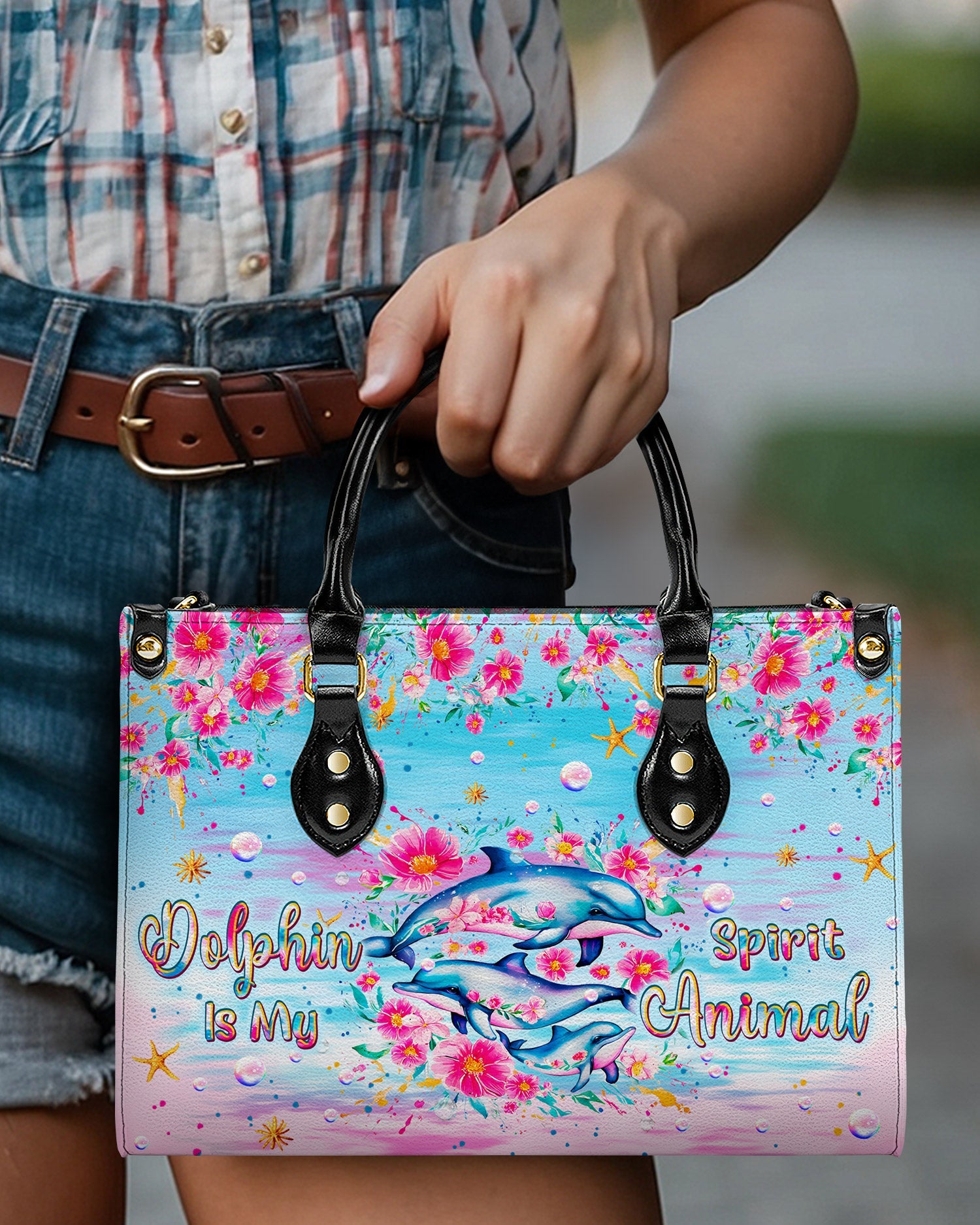 BLISSCORNERS DOLPHIN IS MY SPIRIT ANIMAL LEATHER HANDBAG