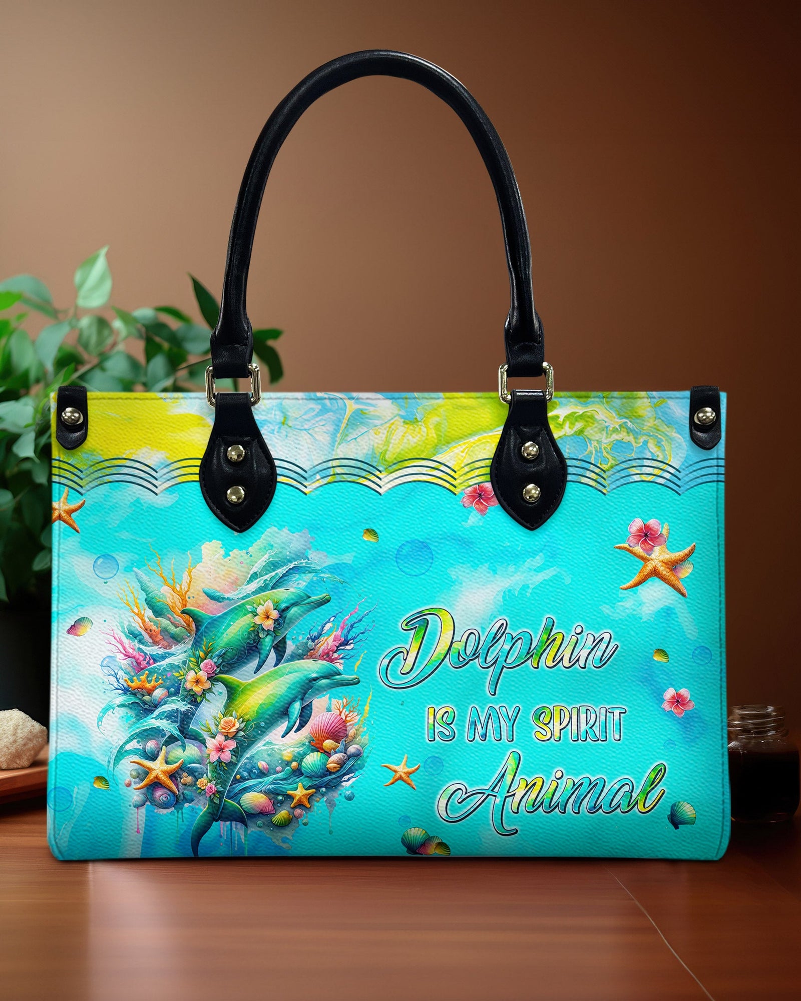 BLISSCORNERS DOLPHIN IS MY SPIRIT ANIMAL LEATHER HANDBAG