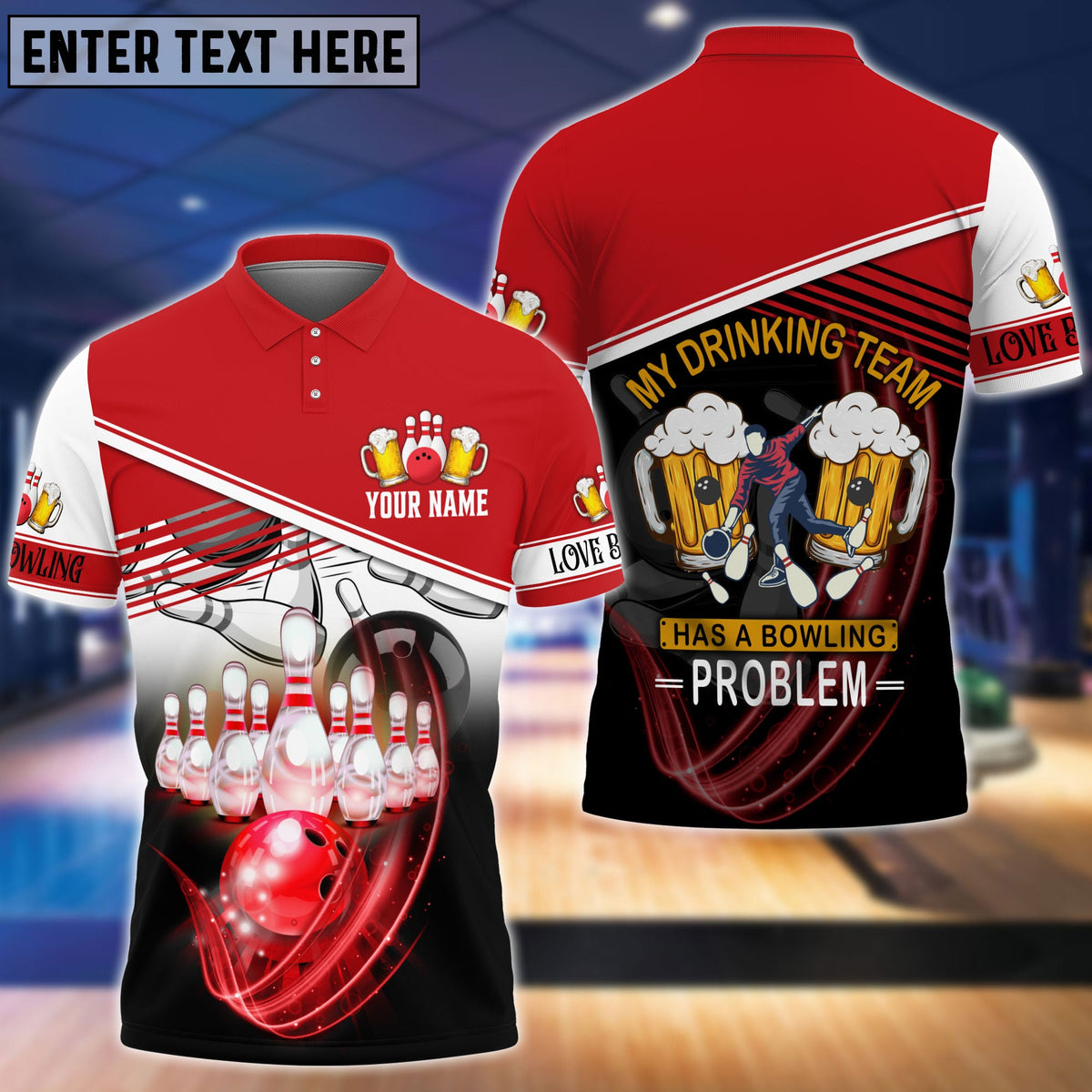 Blisscorners Drinking Team Red Bowling Ball Crashing Into Pins Personalized Name 3D Shirt