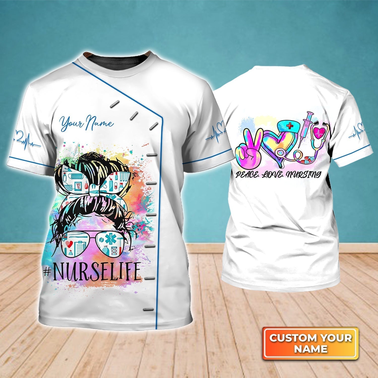 Blisscorners Personalized 3D Registered Nurse T Shirt Peace Love Nursing Nurse Life Watercolor Tee 3D