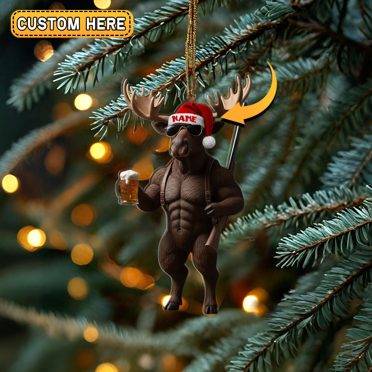 Blisscorners Deer Hunter Muscle Santa Hat Beer Mug Personalized Name Christmas Ornament