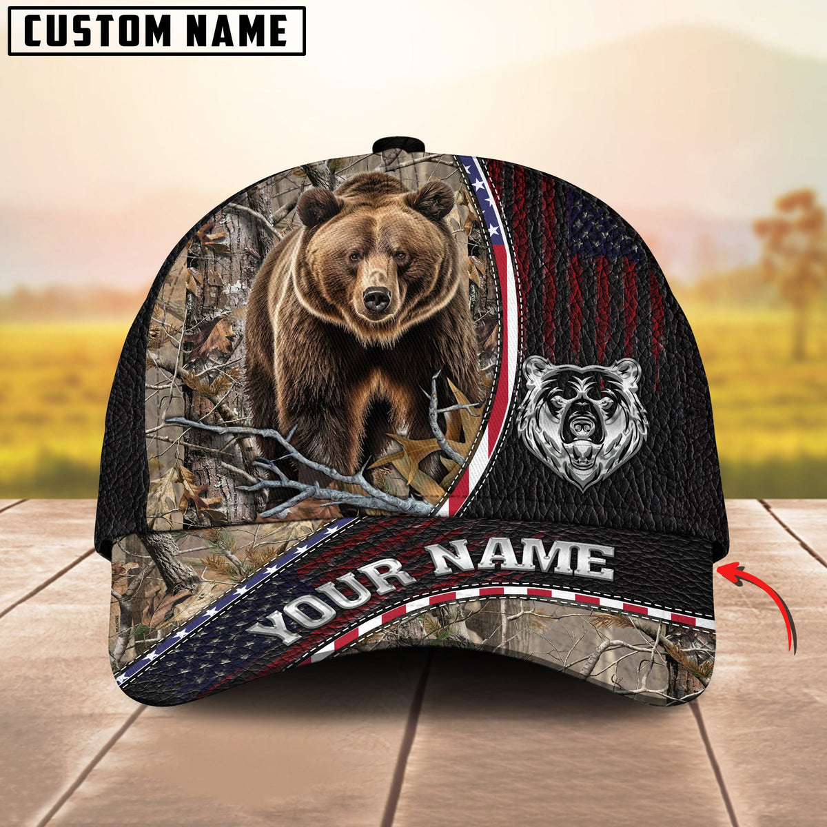 Blisscorners Deer Hunting Realistic Buck Head American Flag Leather Accent Personalized Name 3D Cap (6 Options)