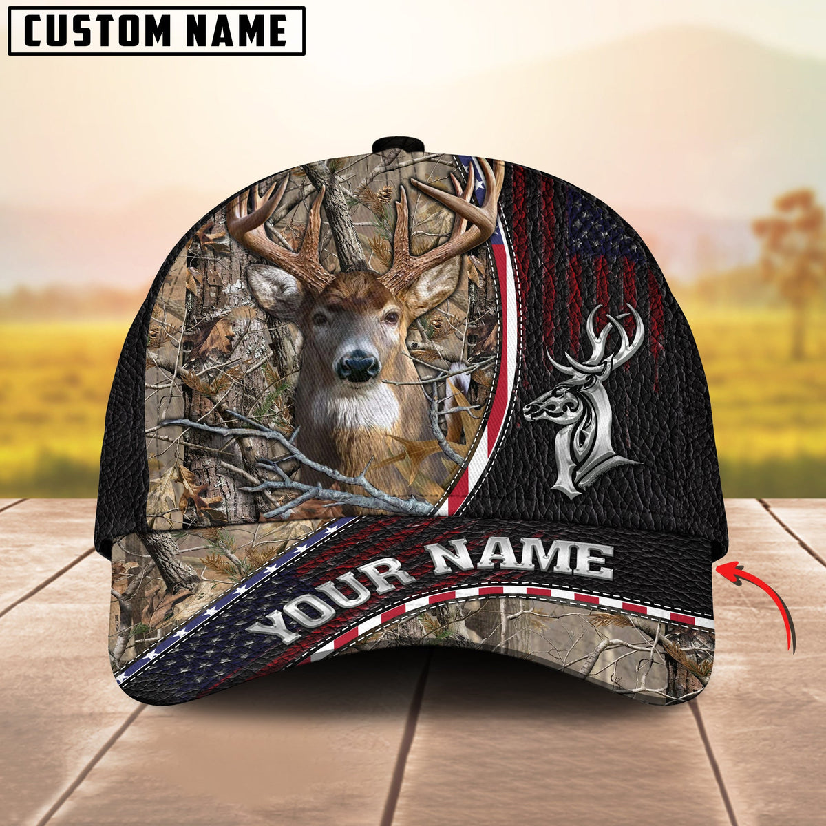 Blisscorners Deer Hunting Realistic Buck Head American Flag Leather Accent Personalized Name 3D Cap (6 Options)