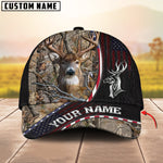 Blisscorners Deer Hunting Realistic Buck Head American Flag Leather Accent Personalized Name 3D Cap (6 Options)