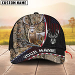 Blisscorners Deer Hunting Realistic Buck Head American Flag Leather Accent Personalized Name 3D Cap (6 Options)