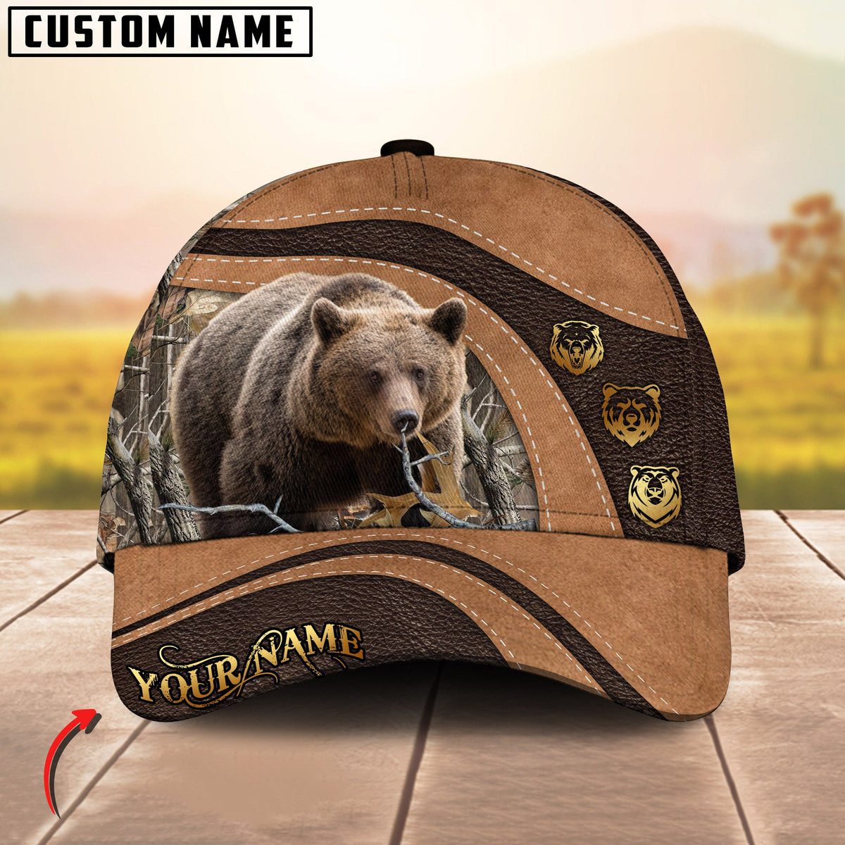 Blisscorners Golden Deer Hunting Realistic Buck Head Leather Pattern Personalized Name 3D Cap (6 Options)