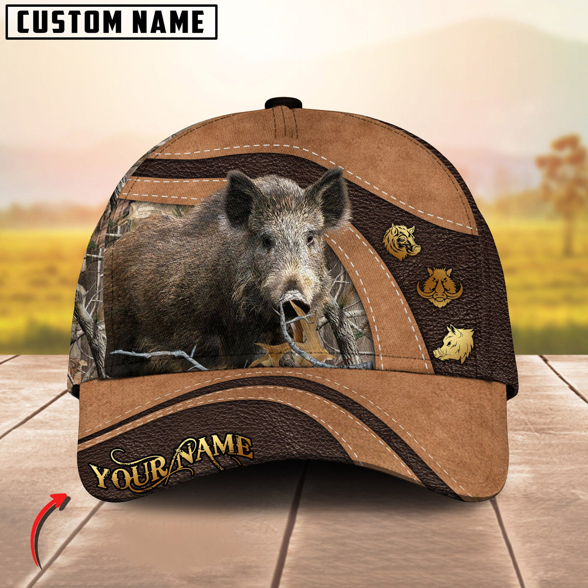 Blisscorners Golden Deer Hunting Realistic Buck Head Leather Pattern Personalized Name 3D Cap (6 Options)