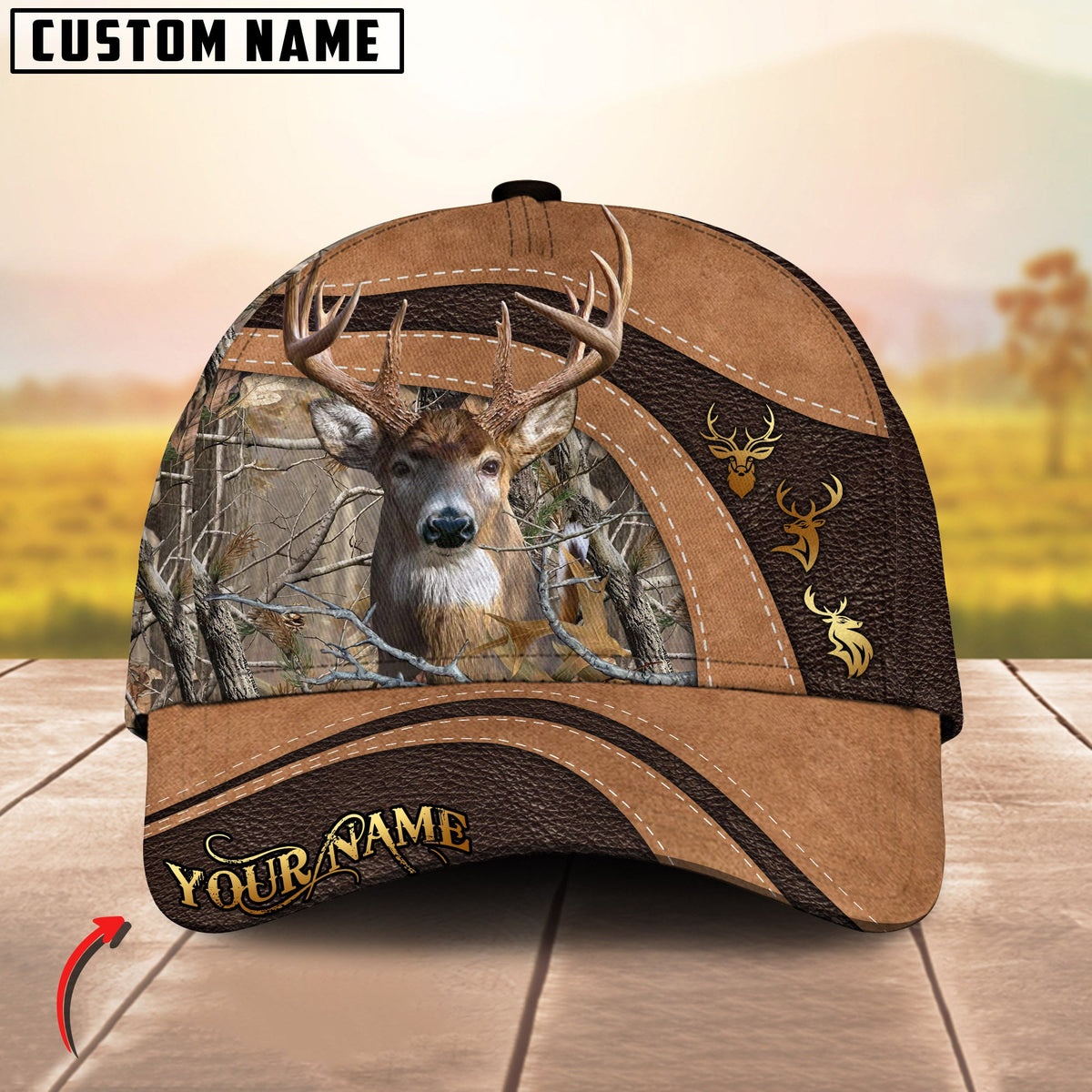 Blisscorners Golden Deer Hunting Realistic Buck Head Leather Pattern Personalized Name 3D Cap (6 Options)