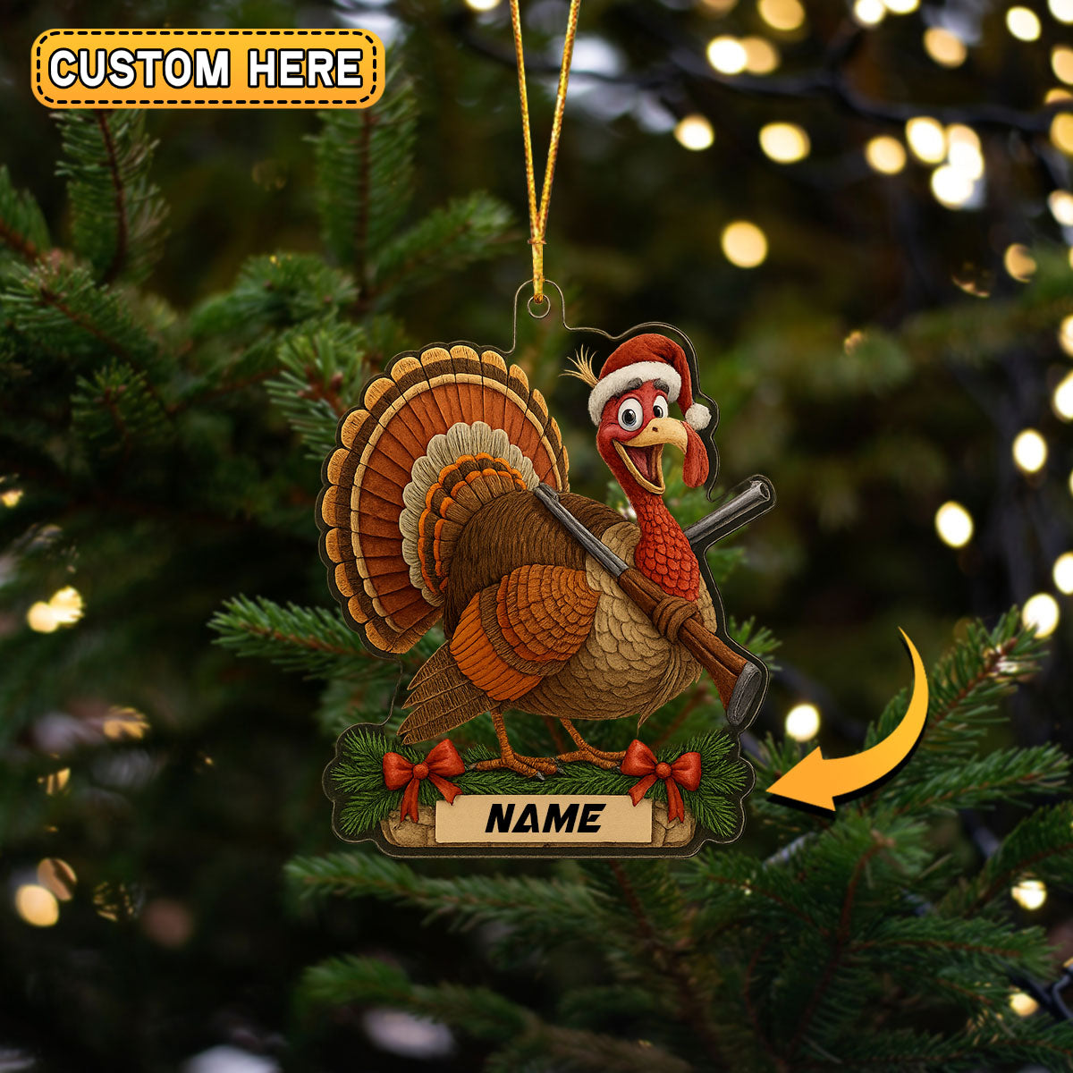 Blisscorners Turkey Hunter Christmas Funny Cartoon Ornament Personalized Name 2D Flat
