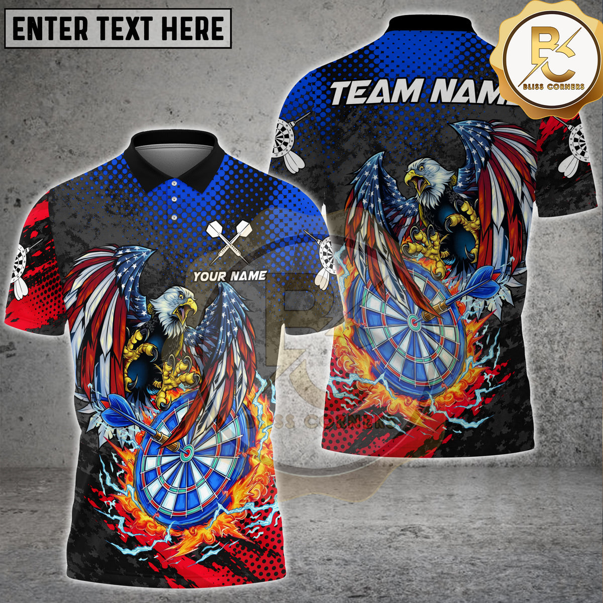 Blisscorners Patriotic Darts Distressed American Eagle Dartboard Splash Personalized Name, Team Name 3D Shirt