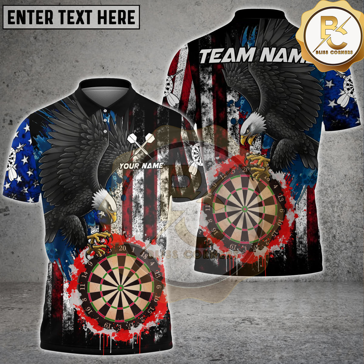 Blisscorners American Flag Darts Grunge Eagle Double Dartboard Red Splatter Personalized Name, Team Name 3D Shirt