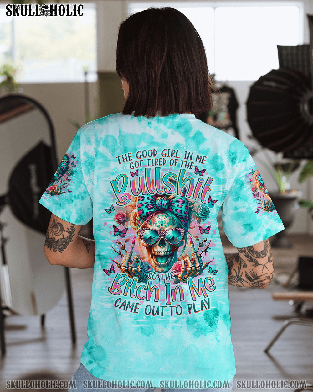 BLISSCORNERS THE GOOD GIRL IN ME MESSY BUN SKULL ALL OVER PRINT