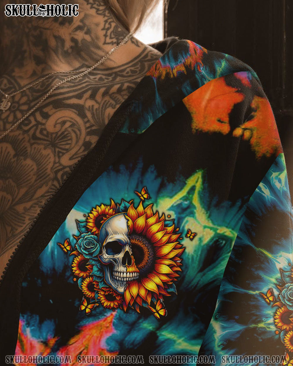BLISSCORNERS DON'T TRY TO FIGURE ME OUT SKULL SUNFLOWER ALL OVER PRINT