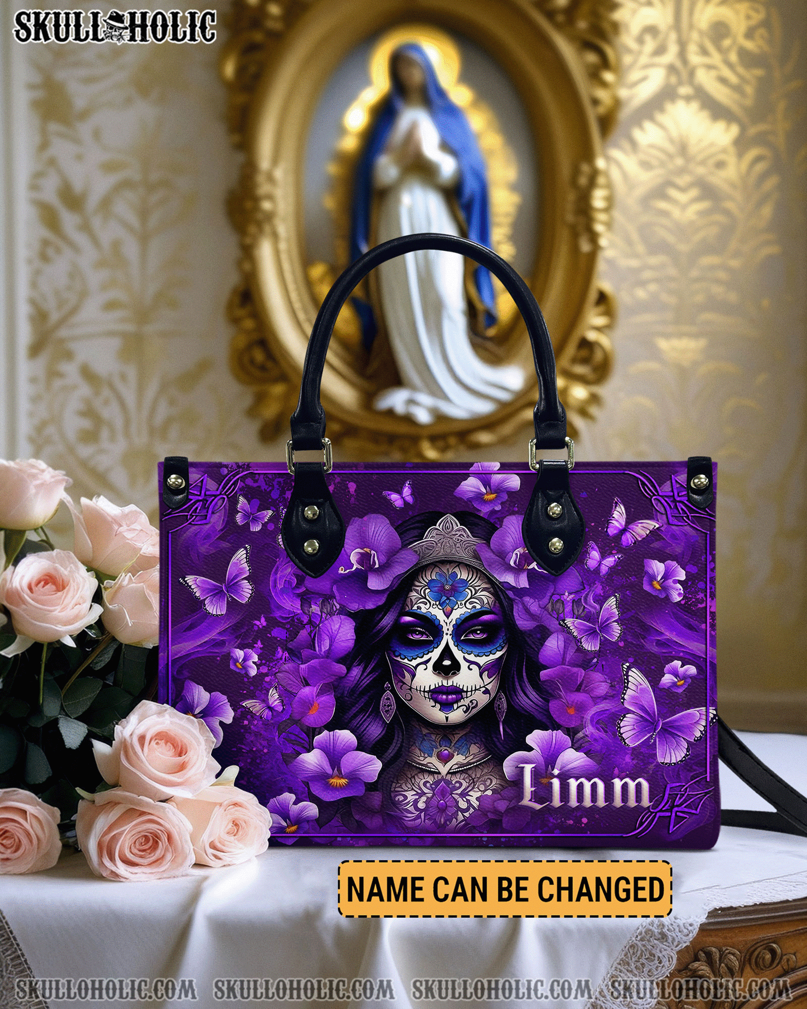 BLISSCORNERS SKULL LADY FLOWERS LEATHER HANDBAG